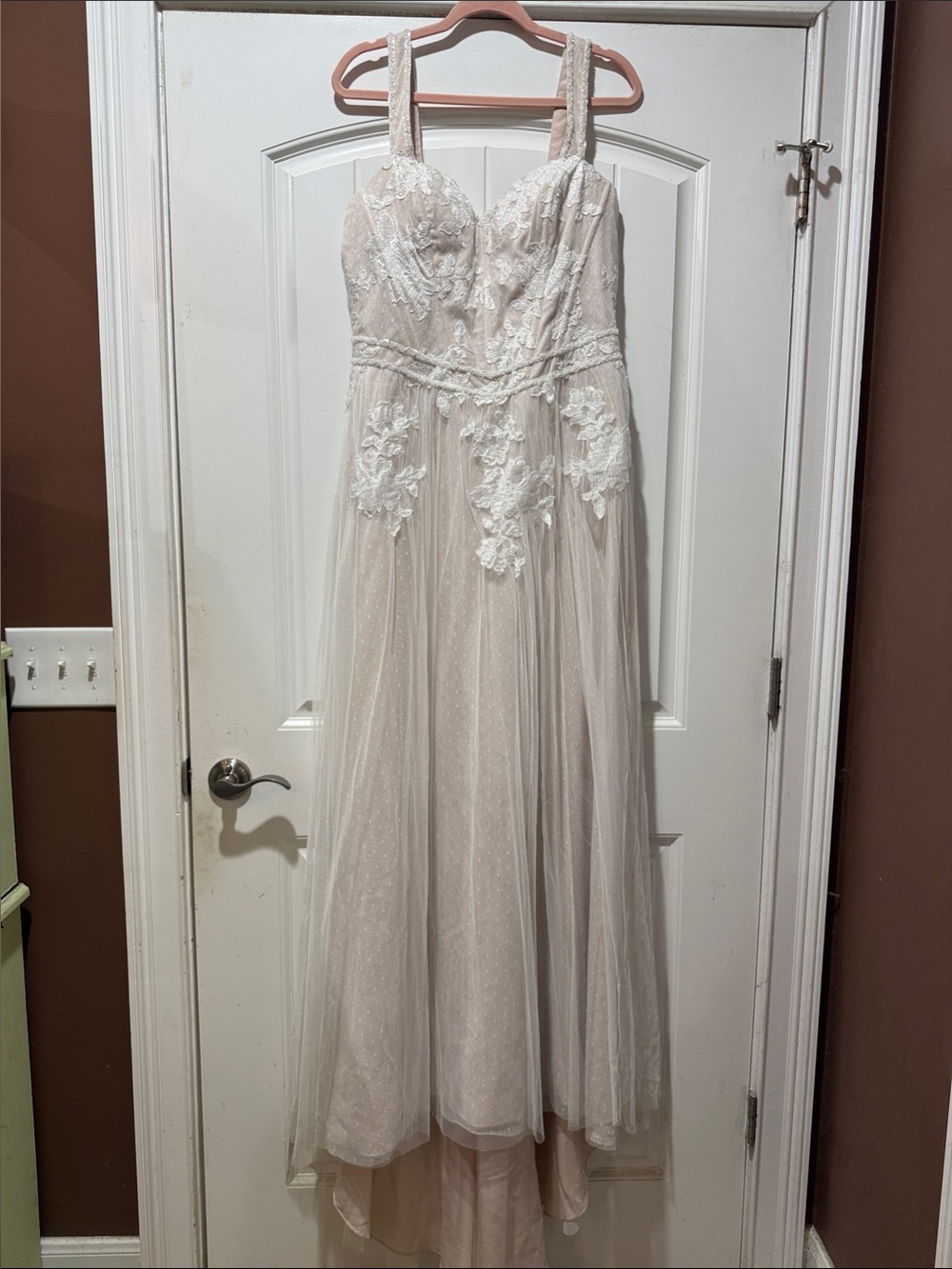 David's Bridal Blush and Ivory Lace A-Line Tulle Wedding Dress
